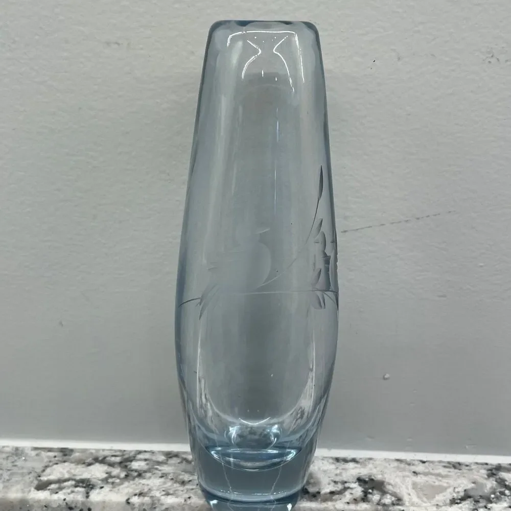Vintage Randsfjord Torpedo Blue Art Glass Vase Etched Frosted Birds Norway MCM